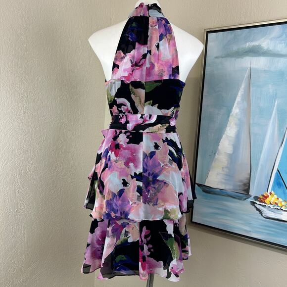 Alex Marie Dress Halter A line Mini sleeveless Pink Black Floral Tiered Size 8 - Picture 5 of 7